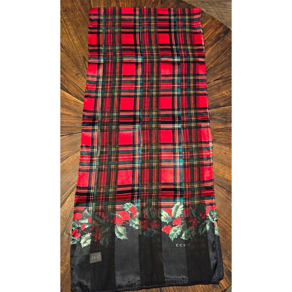 Echo Vintage Holiday Tartan Plaid and Holly polyester Scarf